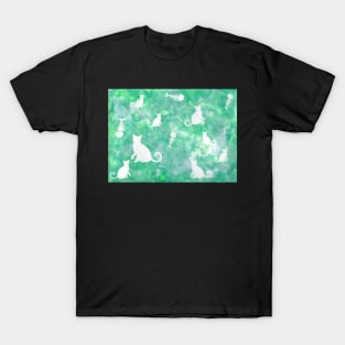 Teal Watercolor Cat and Fish Bone Painting T-Shirt